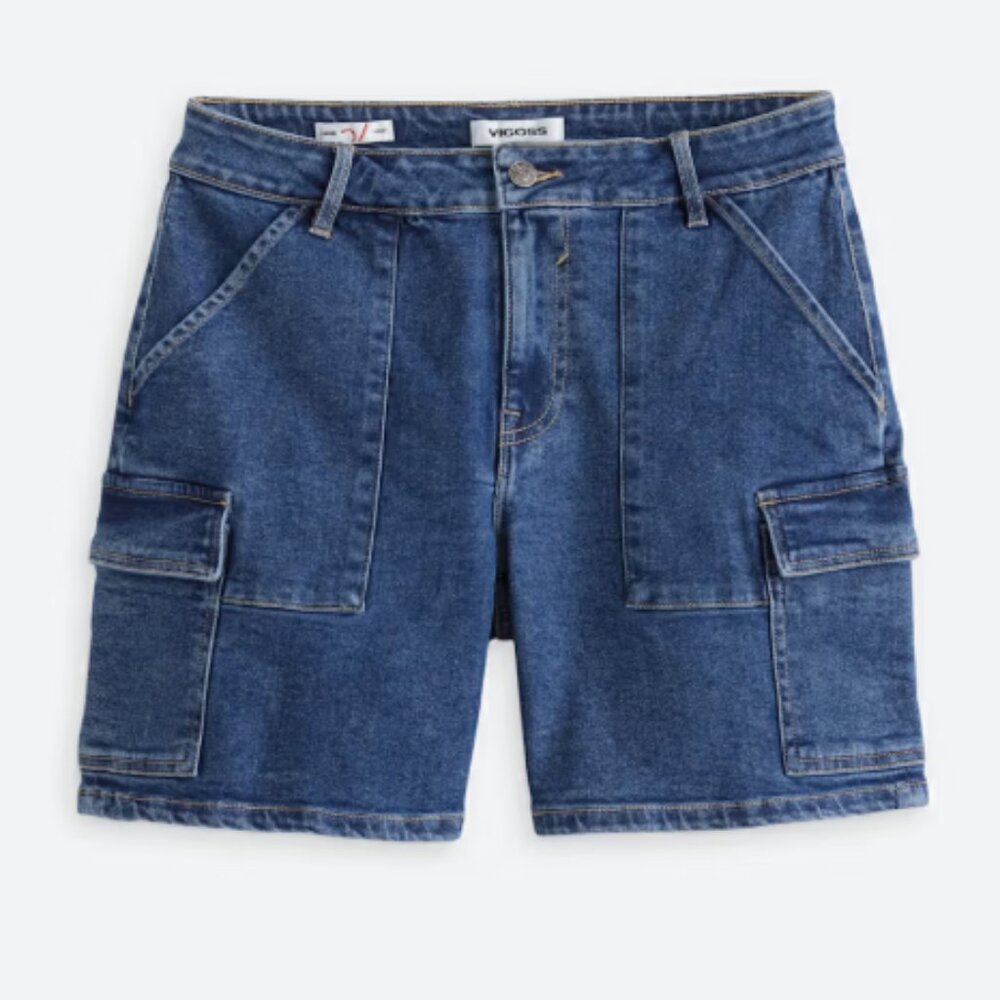 BNWT New Vigoss Jolene High Rise Denim Indigio Blue Cargo Shorts Women's 27/4